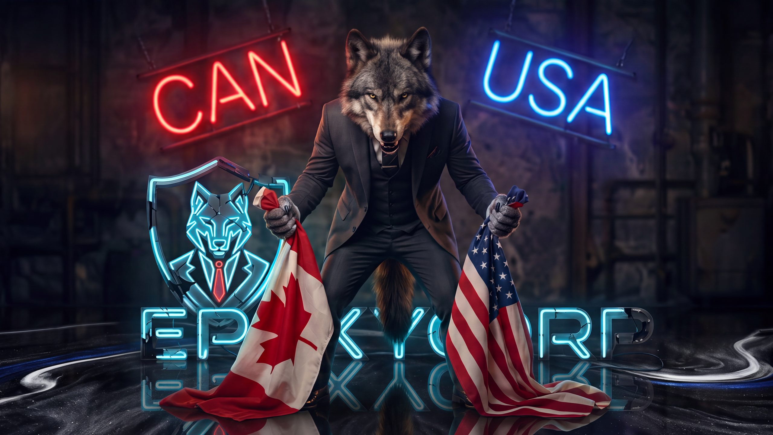 A wolf in a suit holding the Canadian and American flags, under neon signs reading CAN and USA